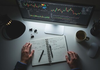 Professional Analyzing Financial Market Data and Strategy, Taking Notes at a Modern Desk