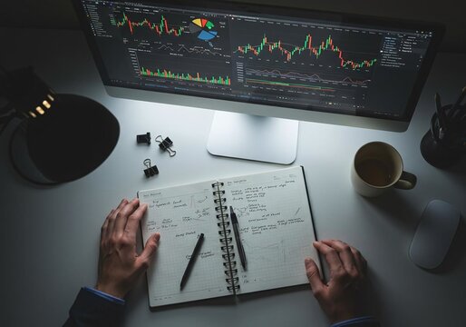 Professional Analyzing Financial Market Data and Strategy, Taking Notes at a Modern Desk