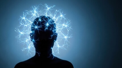 Obraz premium Human silhouette with glowing blue neural network neurons on head conceptualizing mind power and artificial intelligence