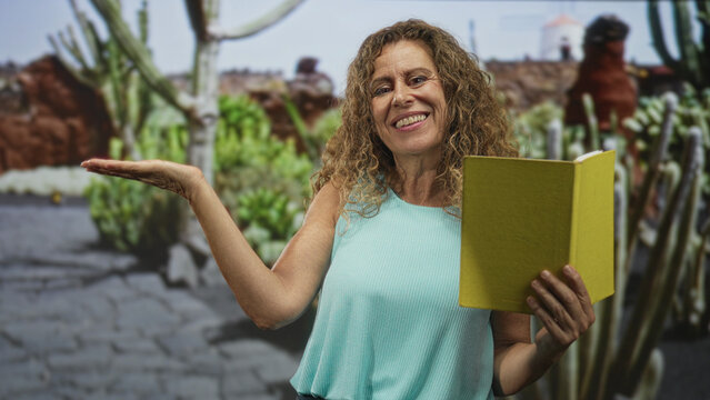 Middle age hispanic woman holding yellow hardcover book, palm up presenting with outstretched hand and smiling in studio backdrop; warmth joy.
