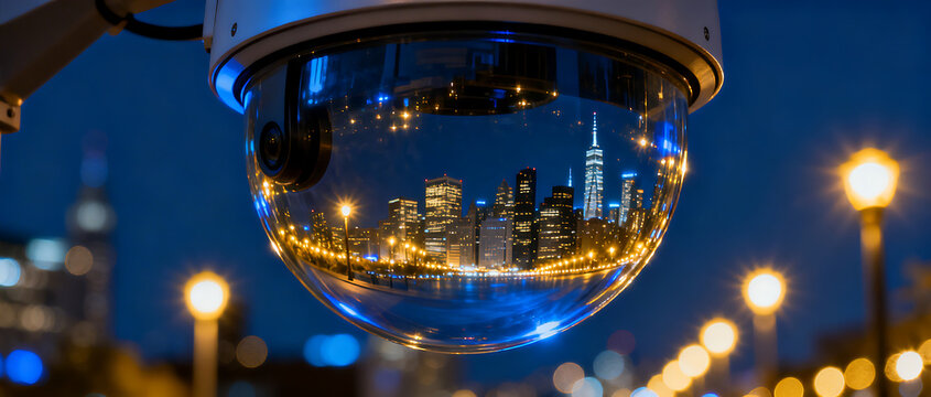 Modern security camera reflecting city skyline at night, urban surveillance dome monitoring metropolitan streets, smart city safety technology isolated on White Background
