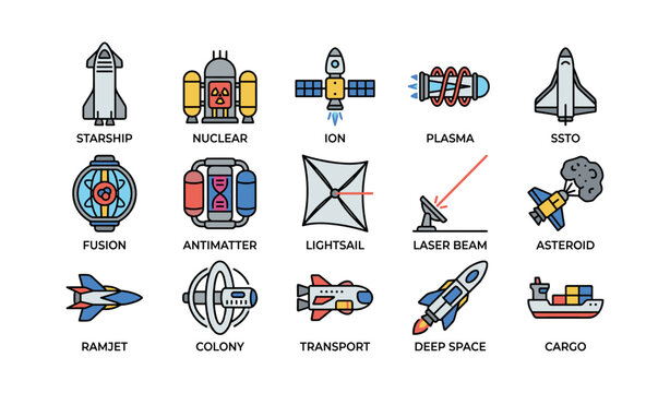 Space and spacecraft icons arranged on white background