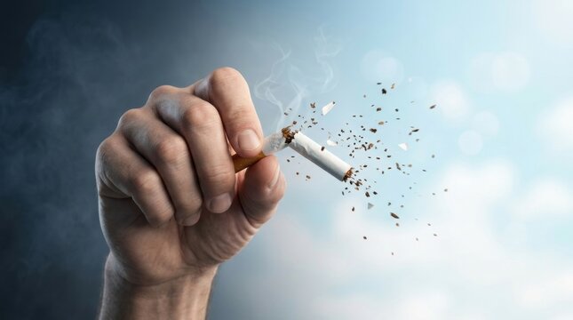 Hand Breaks Cigarette to Symbolize the Struggle of Addiction Recovery and Bad Habits in Healthcare Settings