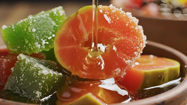 Closeup of candied fruit pieces being drizzled with honey.