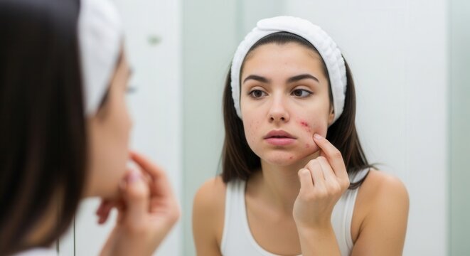 Young Woman Examines Pimples On Her Face In Mirror