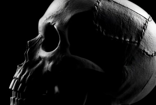 Highly detailed realistic human skull, intricate anatomical structure, isolated on black background, dramatic low key lighting.