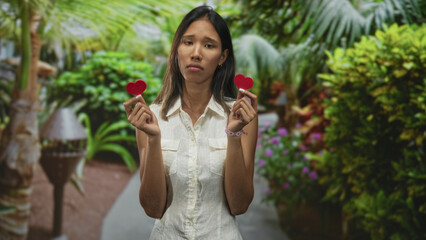Naklejka premium Thai woman holds two red felt hearts with raised hands showing a pout and sad expression on a tropical forest path; heartbreak longing.