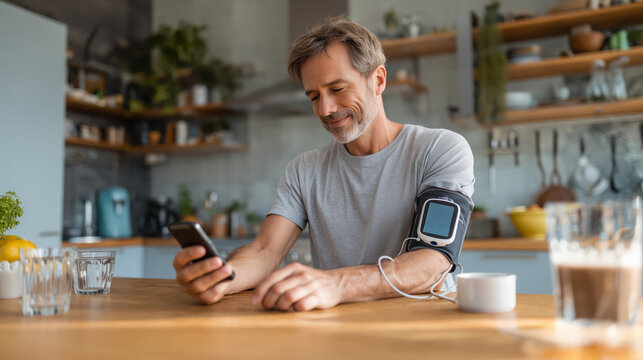 Smiling middle-aged man wearing a blood pressure monitor on his arm while using a smartphone app at a bright kitchen table.