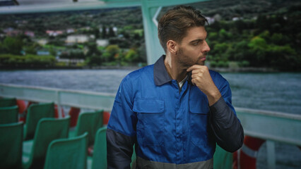Fototapeta premium Man with beard in blue work overalls standing on ferry deck, hand at collar and looking sideways; quiet duty.