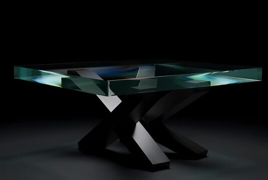 Sleek square glass table showcasing iridescent light refractions on elegant black metal X-shape base in dark studio.