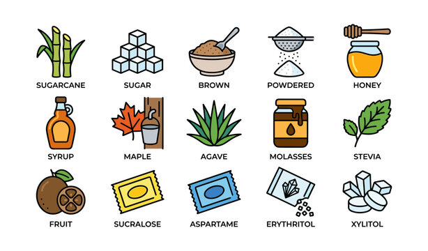 Sweetener icons grid of sugar types and substitutes on white