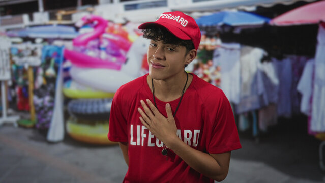 Lifeguard teen places hand on chest in a street market wearing red lifeguard shirt and whistle around neck; pride duty.