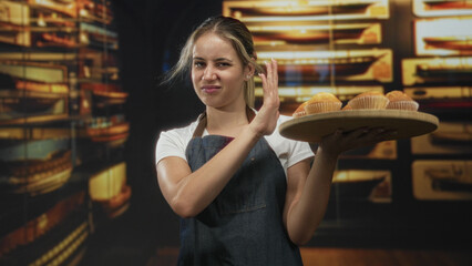Fototapeta premium Young woman holding tray of muffins, waves hand with pursed lips in ship museum building while wearing denim apron; rejection.
