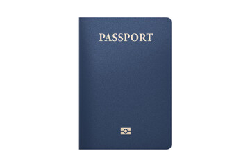 Blank blue passport with biometric chip symbol on isolated white background. Generic passport template mockup with no text minimal design. Top view. Realistic 3D rendering © AndS