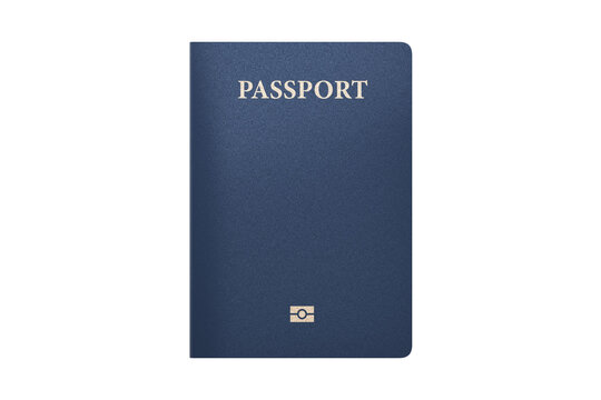 Blank blue passport with biometric chip symbol on isolated white background. Generic passport template mockup with no text minimal design. Top view. Realistic 3D rendering