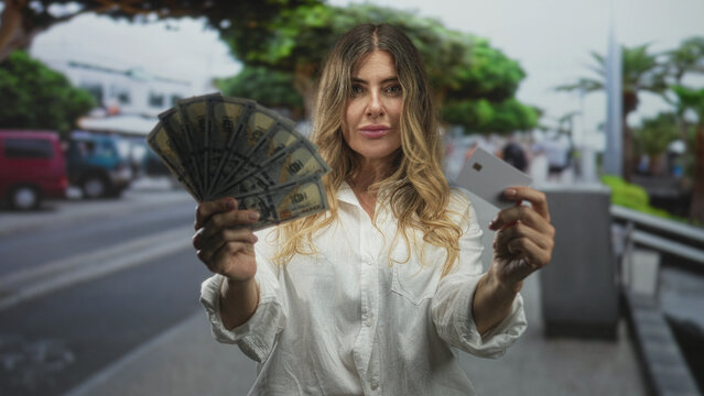 Woman holds fanned cash and a creditcard, extending hands toward camera on a busy street with parked cars and trees; confidence prosperity.