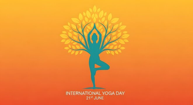 Yoga tree pose silhouette with golden foliage