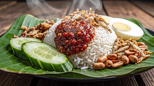 Delicious Nasi Lemak served on banana leaf with sambal and accompaniments.