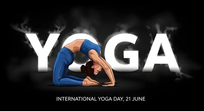 Yoga pose illustration with bold typography and dramatic lighting