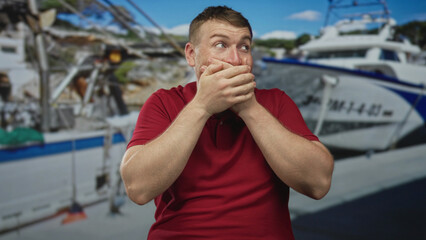 Fototapeta premium Man covers mouth with hands on a boat at a port marina, red polo shirt, wide eyes and startled pose; sudden shock.