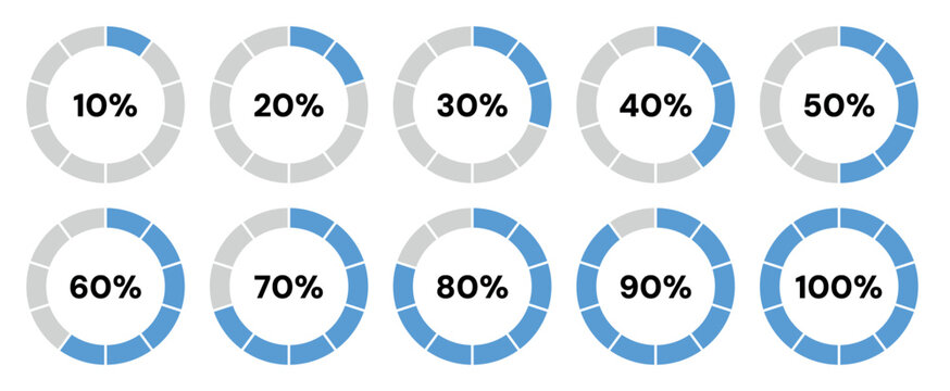 circular progress bar set blue percentage indicators 10 20 30 40 50 60 70 80 90 100 loading rings user interface dashboard infographic elements modern flat design isolated light background clean ui ux