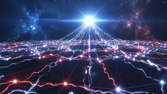 Vibrant network of glowing red and blue lights in space with stars