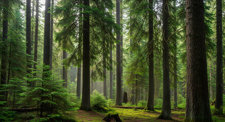 Obraz premium Lush, dense forest scene; tall, straight trees with green foliage reaching towards sky