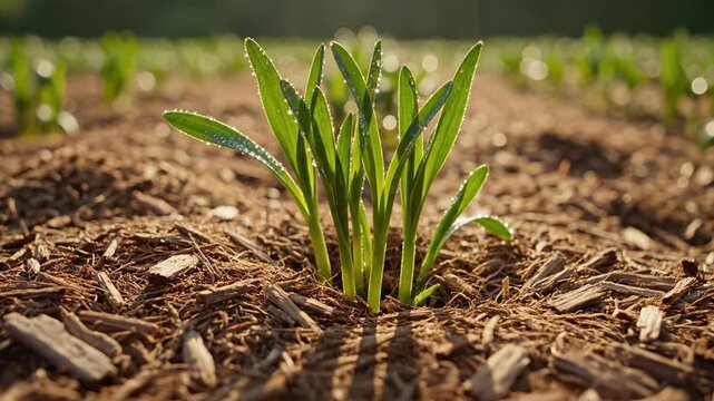 Young green sprouts with morning dew emerge from mulch in a field. The golden morning sun creates a warm, hopeful atmosphere of growth and new life. Perfect for agricultural projects.