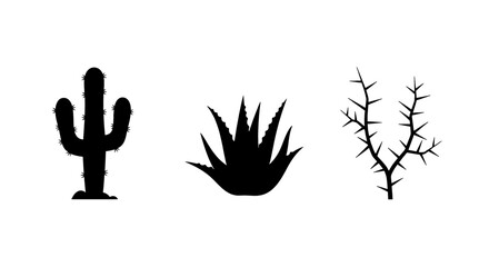 Obraz premium Silhouettes of desert plants including a saguaro cactus, agave, and thorny branches on a white background.