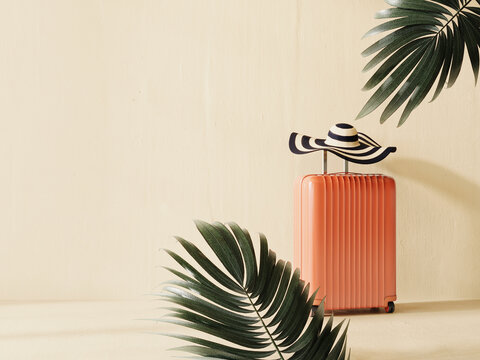 Pink travel luggage with summer hat on beige background with copy space. Summer travel concept. 3D Rendering, 3D Illustration