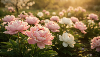 Fototapeta premium Sunlit Peony Garden: A Beautiful Display of Blooming Flowers in Soft Pink and White Hues, Bathed in Warm Golden Light During Golden Hour