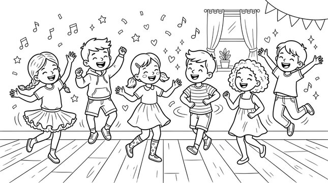 A group of happy children dancing and having fun together indoors