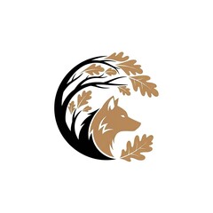 Obraz premium Minimalist wolf head logo with oak leaves and tree branch