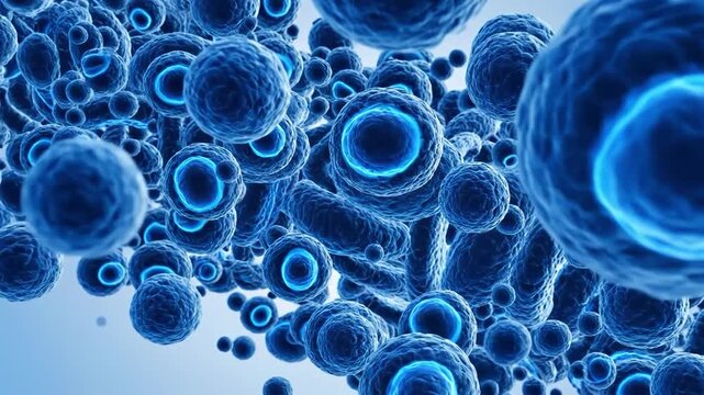 Blue cells with glowing centers on light blue background
