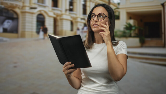 Woman holding black book touches ear and looks up while reading on a cobbled city street; curiosity learning.