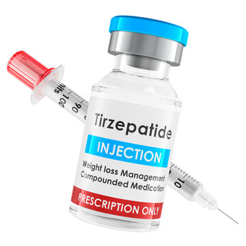 Tirzepatide injection vial with syringe for weight management. 3D rendering