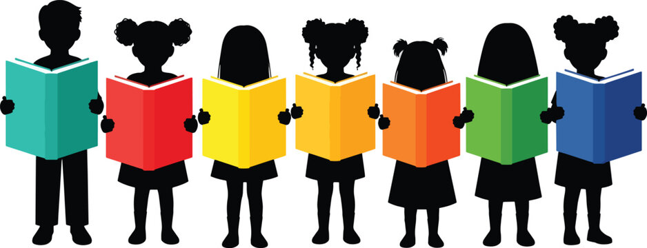 Children reading books silhouette vector, diverse group of students holding colorful textbooks, primary school education and literacy concept