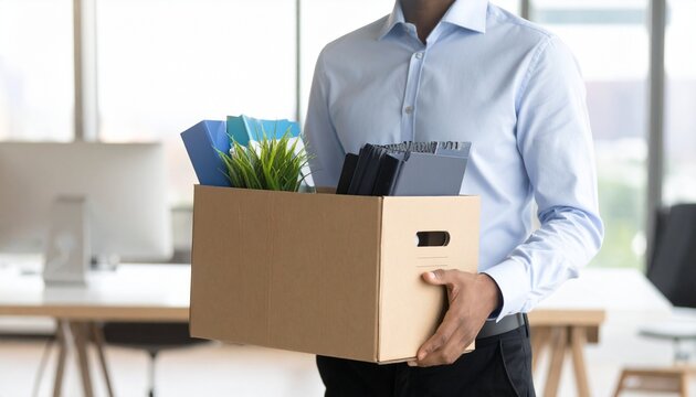 A person carries a cardboard box filled with their possessions, against the backdrop of a modern office, symbolizing job loss, unemployment, and economic instability.