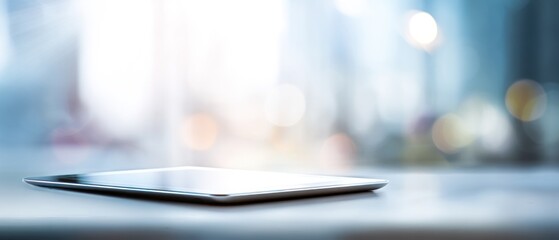 Obraz premium Tablet device resting on a table in a modern office environment with blurred background