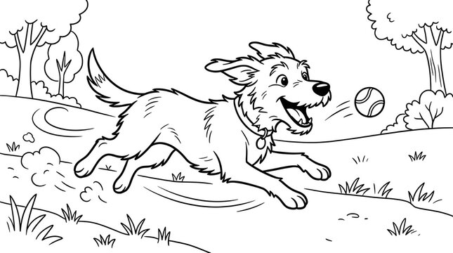 A joyful dog enthusiastically chases a bouncing ball through a grassy park with trees.