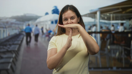 Fototapeta premium Young woman with hands making time out gesture on sunny cruise ship deck near railing; calm pause reflection.