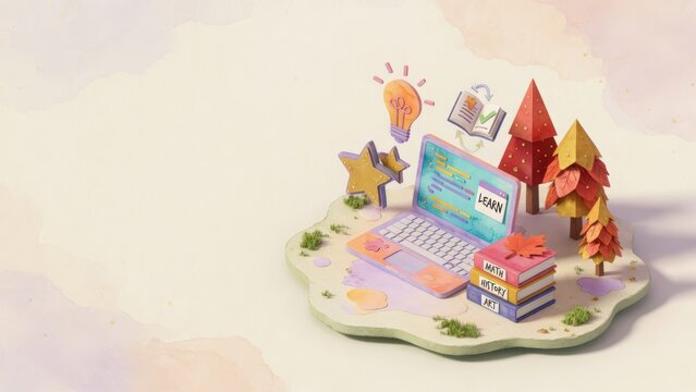 Illustrazione 3D di e-learning con laptop, libri e lampadina dell'idea