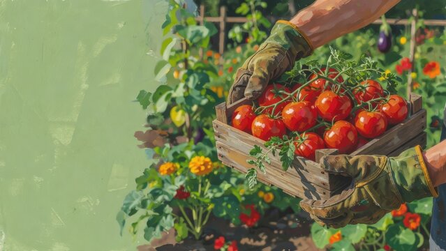 Agricoltura biologica: agricoltore con cassa di pomodori freschi e spazio copia