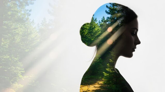 Doppia esposizione di silhouette femminile e foresta luminosa