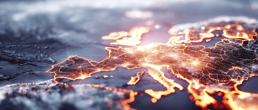 Abstract map of continents with glowing connections digital illustration