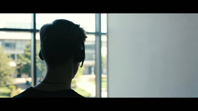 Silhouette di un giovane in controluce che guarda il futuro attraverso la vetrata