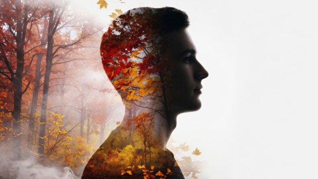 Doppia esposizione di un uomo con foresta autunnale e foglie rosse