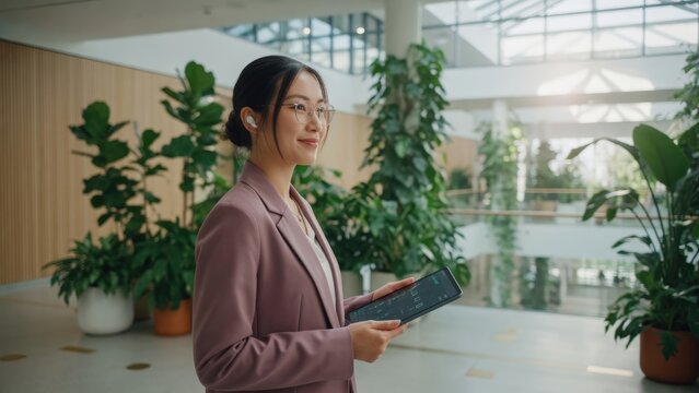 Giovane donna d'affari asiatica con tablet in un moderno ufficio ecologico