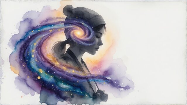 Ritratto ad acquerello di una donna con galassia cosmica nella mente e nell'immaginazione