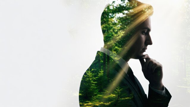 Doppia esposizione di un uomo d'affari pensieroso e una foresta verde